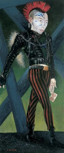 Gemälde einer Person im Punk-Look mit rotem Irokesenschnitt, Lederjacke, gestreifter Hose und Spielkarte in der Hand.